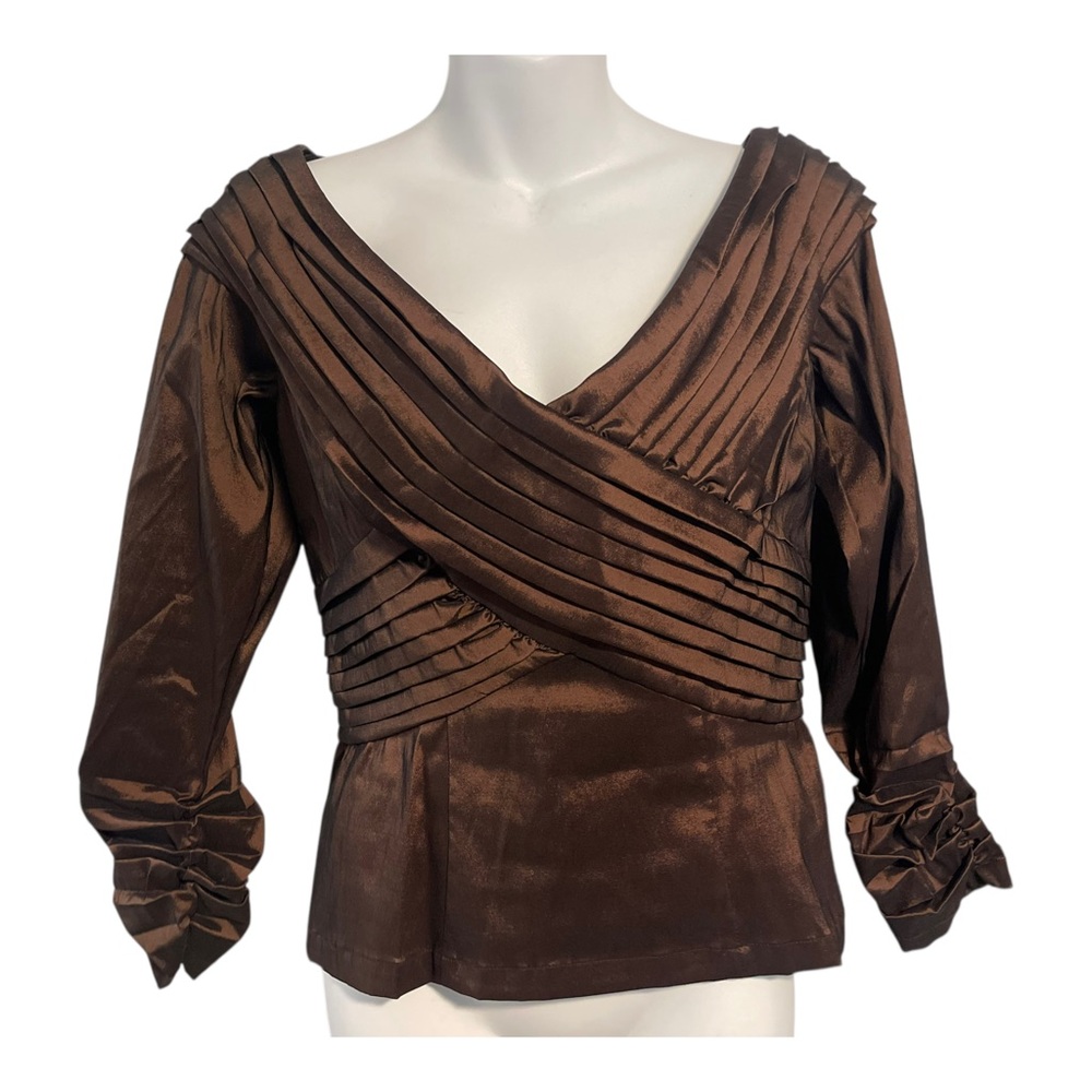 Tadashi Shimmer Brown Architecture Faux Wrap Ruched Sleeve Top Sz 4 NEW Elegant
